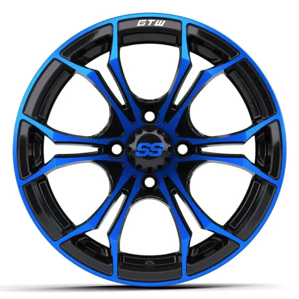 14" GTW Spyder Blue and Black Wheels with Low Profile Golf Cart Tire