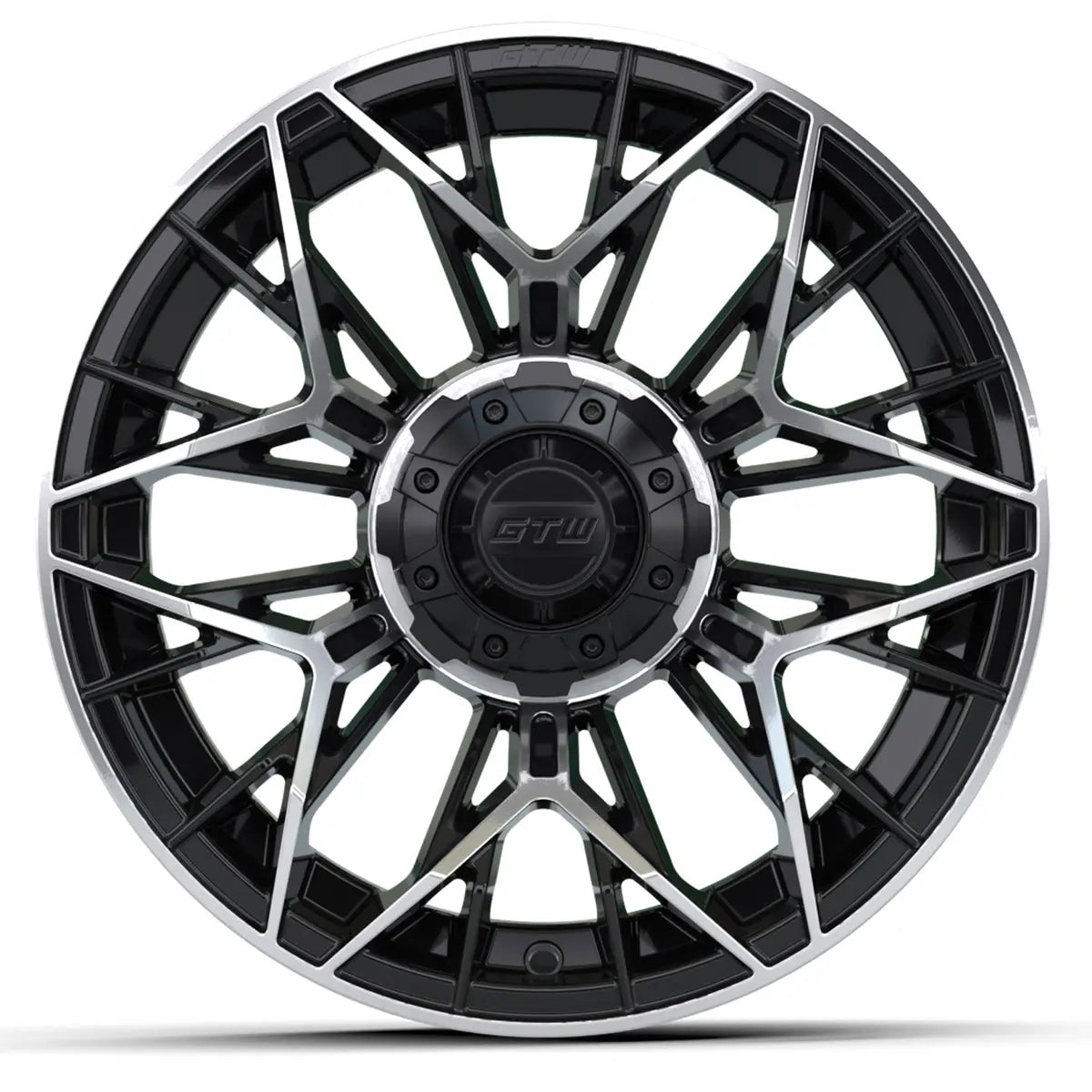 14" GTW Stellar Machined Black Wheels with Low Profile Golf Cart Tire