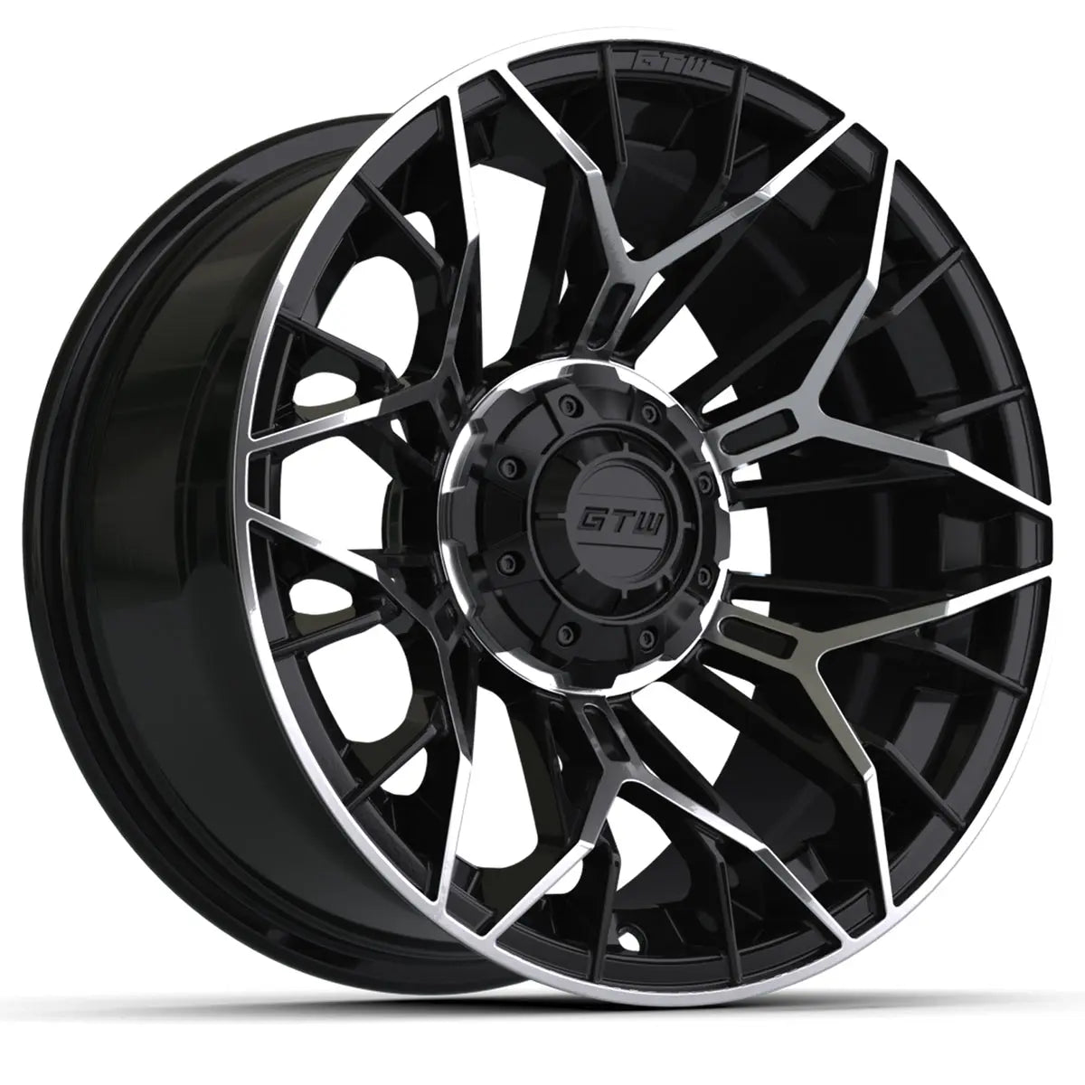 14" GTW Stellar Machined Black Wheels with Low Profile Golf Cart Tire