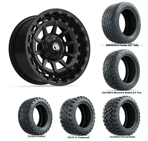 14" GTW Barricade Gloss Black Wheels with Lifted Golf Cart Tire GTW