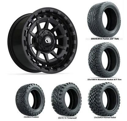 14" GTW Barricade Gloss Black Wheels with Lifted Golf Cart Tire GTW