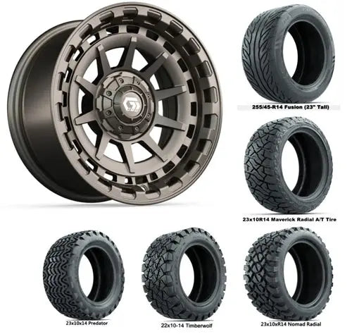 14" GTW Barricade Satin Bronze Wheels with Lifted Golf Cart Tire GTW