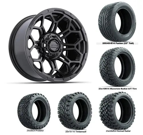 14" GTW Bravo Matte Black Wheel with Lifted Golf Cart Tires