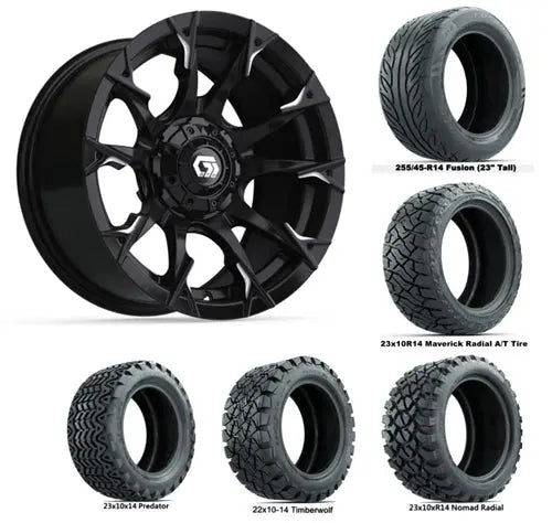 14" GTW Diablo Gloss Black Wheels with Lifted Golf Cart Tire GTW