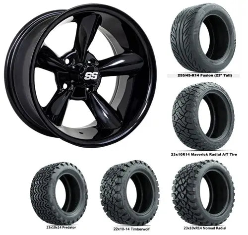 14" GTW Godfather Gloss Black Wheels with Lifted Golf Cart Tire GTW