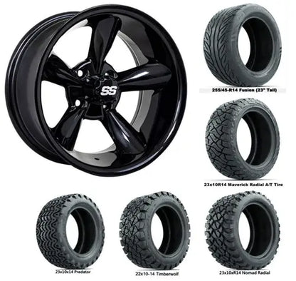 14" GTW Godfather Gloss Black Wheels with Lifted Golf Cart Tire GTW