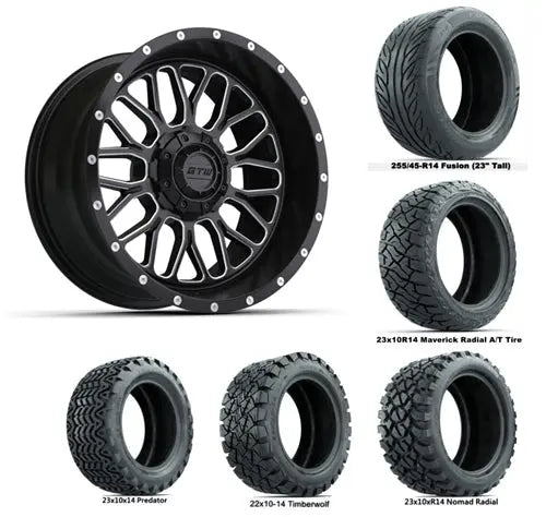 14" GTW Helix Machined Black Wheels with Lifted Golf Cart Tire GTW