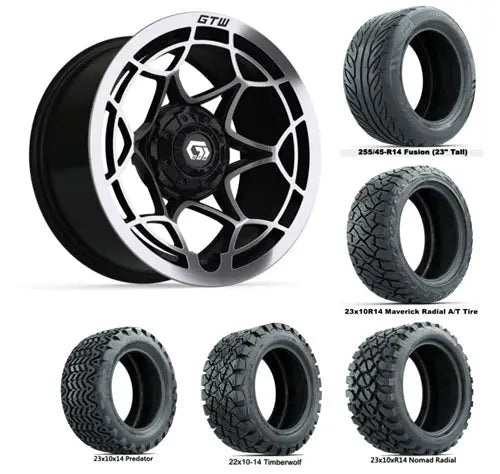 14" GTW Nexus Gloss Black Wheels with Lifted Golf Cart Tire GTW