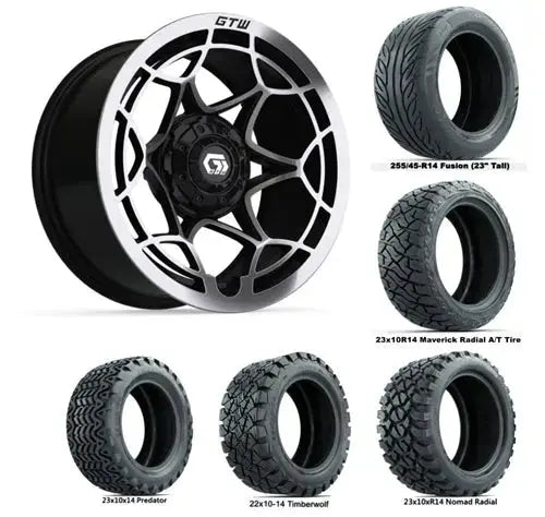 14" GTW Nexus Silver Wheel with Lifted Golf Cart Tires