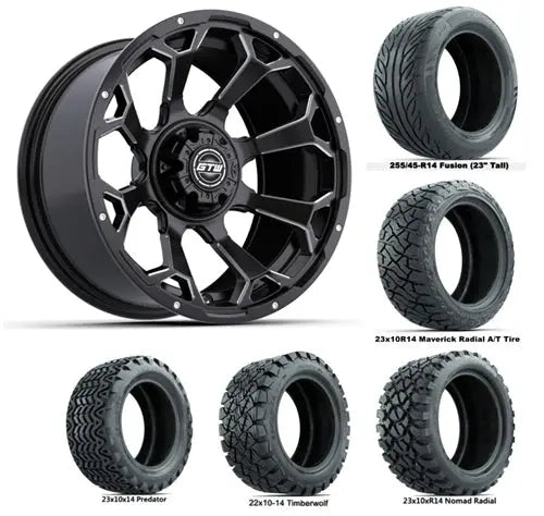 14" GTW Raven Matte Black Wheels with Lifted Golf Cart Tire GTW