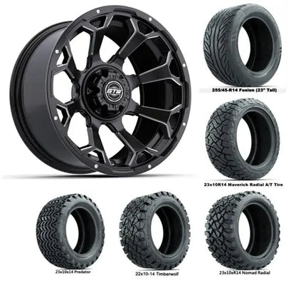 14" GTW Raven Matte Black Wheels with Lifted Golf Cart Tire GTW