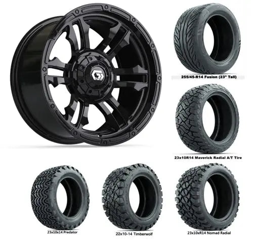 14" GTW Shogun Gloss Black Wheels with Lifted Golf Cart Tire GTW