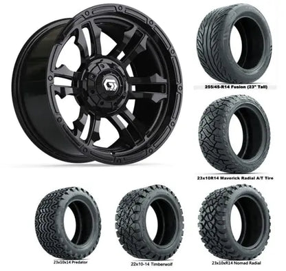 14" GTW Shogun Gloss Black Wheels with Lifted Golf Cart Tire GTW