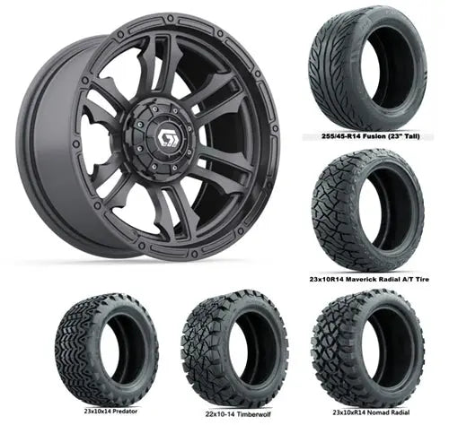 14" GTW Shogun Gloss Gunmetal Wheels with Lifted Golf Cart Tire GTW