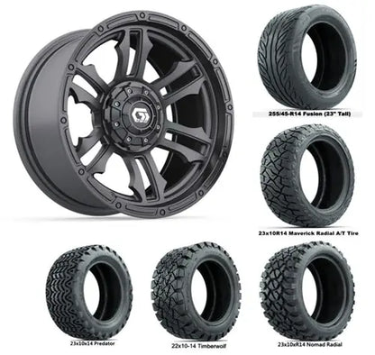 14" GTW Shogun Gloss Gunmetal Wheels with Lifted Golf Cart Tire GTW
