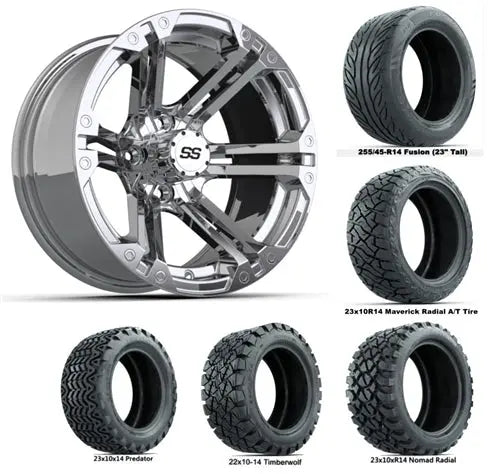 14" GTW Specter Chrome Wheels with Lifted Golf Cart Tire GTW