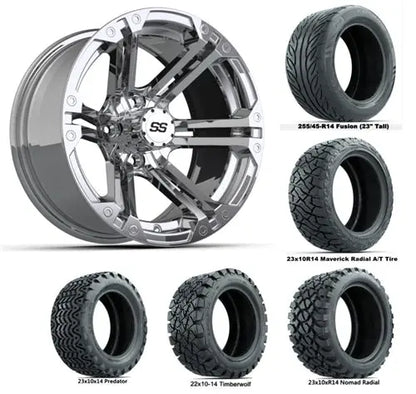 14" GTW Specter Chrome Wheels with Lifted Golf Cart Tire GTW