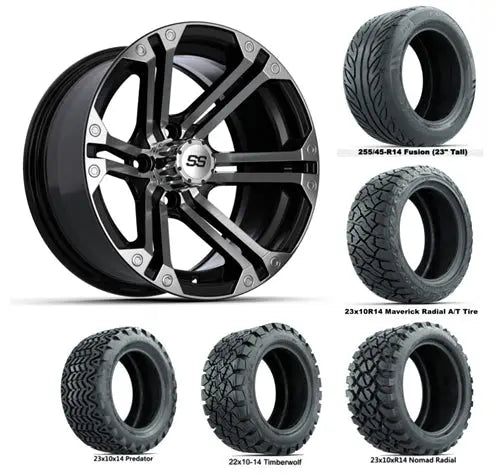 14" GTW Specter Machined & Black Wheels with Lifted Golf Cart Tire GTW