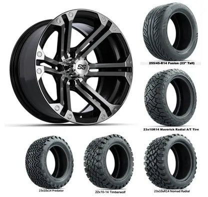 14" GTW Specter Machined & Black Wheels with Lifted Golf Cart Tire GTW