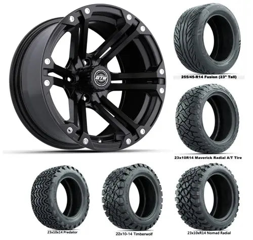 14" GTW Specter Matte Black Wheels with Lifted Golf Cart Tire GTW
