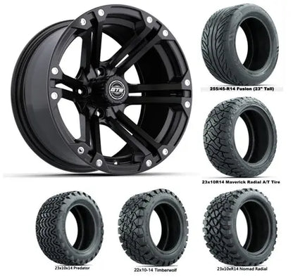 14" GTW Specter Matte Black Wheels with Lifted Golf Cart Tire GTW
