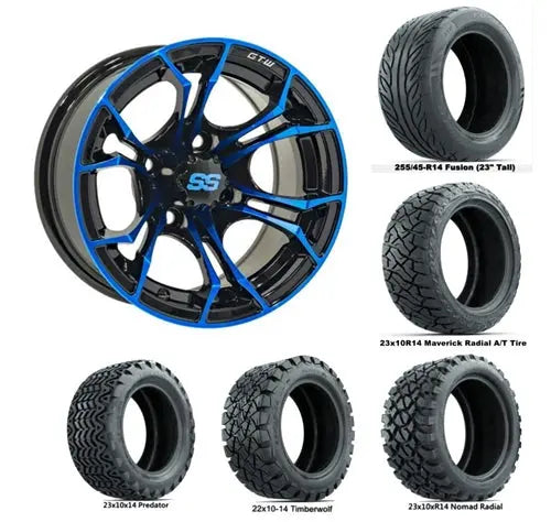14" GTW Spyder Blue & Black Wheels with Lifted Golf Cart Tire GTW
