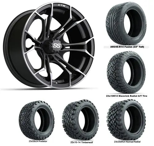 14" GTW Spyder Matte Grey & Black Wheels with Lifted Golf Cart Tire GTW