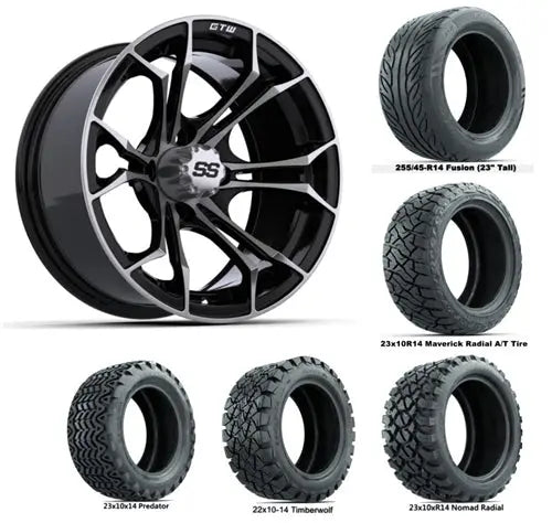 14" GTW Spyder Machined & Black Wheels with Lifted Golf Cart Tire GTW