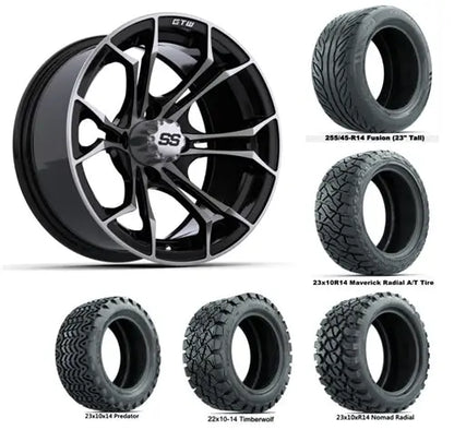 14" GTW Spyder Machined & Black Wheels with Lifted Golf Cart Tire GTW