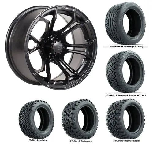 14" GTW Spyder Matte Black Wheels with Lifted Golf Cart Tire GTW