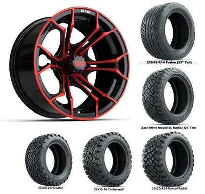 14" GTW Spyder Red & Black Wheels with Lifted Golf Cart Tire GTW