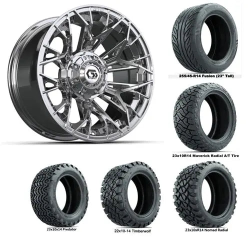 14" GTW Stellar Chrome Wheels with Lifted Golf Cart Tire GTW