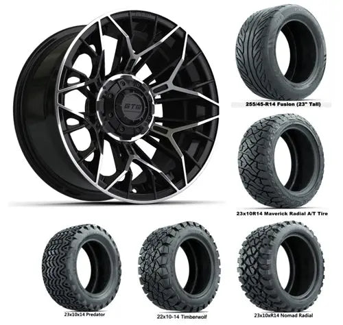 14" GTW Stellar Machined & Black Wheels with Lifted Golf Cart Tire GTW