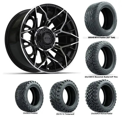 14" GTW Stellar Machined & Black Wheels with Lifted Golf Cart Tire GTW
