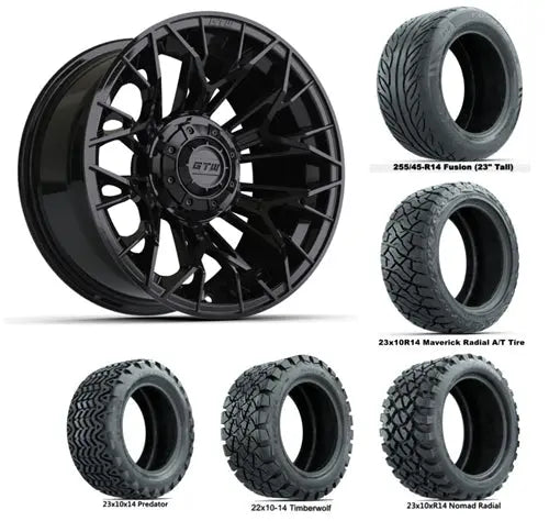 14" GTW Stellar Matte Black Wheels with Lifted Golf Cart Tire GTW