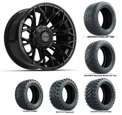 14" GTW Stellar Matte Black Wheels with Lifted Golf Cart Tire GTW