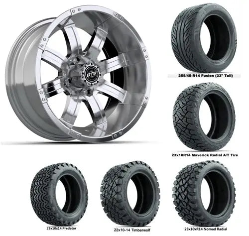 14" GTW Tempest Chrome Wheels with Lifted Golf Cart Tire GTW
