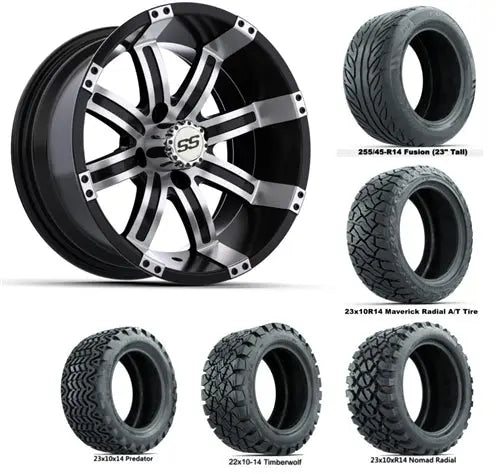 14" GTW Tempest Machined & Black Wheels with Lifted Golf Cart Tire GTW