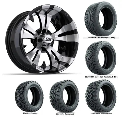 14" GTW Vampire Machined & Black Wheels with Lifted Golf Cart Tire GTW