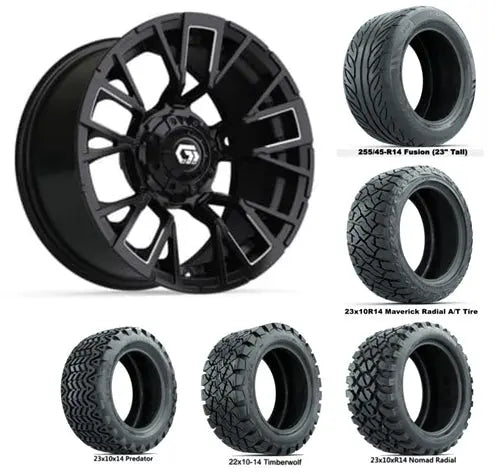 14" GTW Vandal Matte Black Wheels with Lifted Golf Cart Tire GTW
