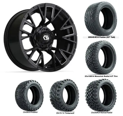 14" GTW Vandal Matte Black Wheels with Lifted Golf Cart Tire GTW