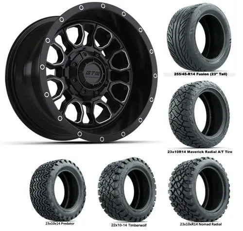 14" GTW Volt Machined and Black Wheels with Lifted Golf Cart Tire GTW
