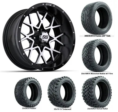 14" GTW Vortex Machined & Black Wheels with Lifted Golf Cart Tire GTW