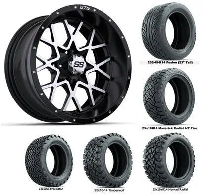 14" GTW Vortex Machined & Black Wheels with Lifted Golf Cart Tire GTW