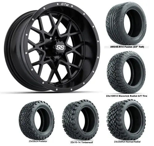 14" GTW Vortex Matte Black Wheels with Lifted Golf Cart Tire GTW