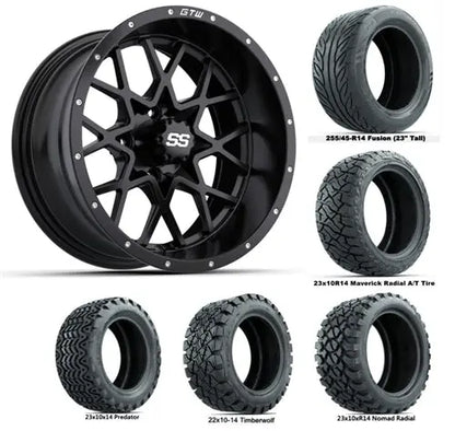 14" GTW Vortex Matte Black Wheels with Lifted Golf Cart Tire GTW