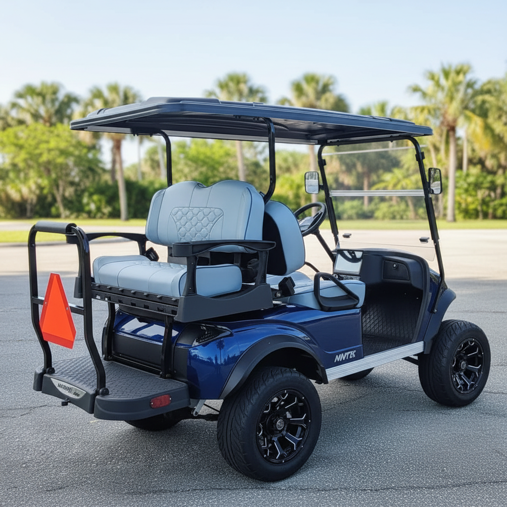 Navitas Lifted Aluminum Chassis Admiral Blue with white seats passenger rear angle