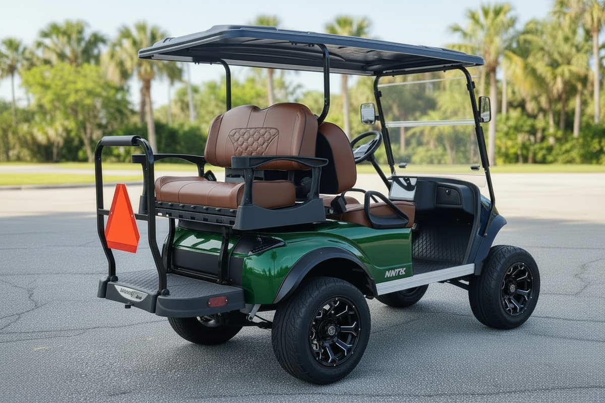 Navitas Lifted Aluminum Chassis Forest Green with brown seats passenger rear angle