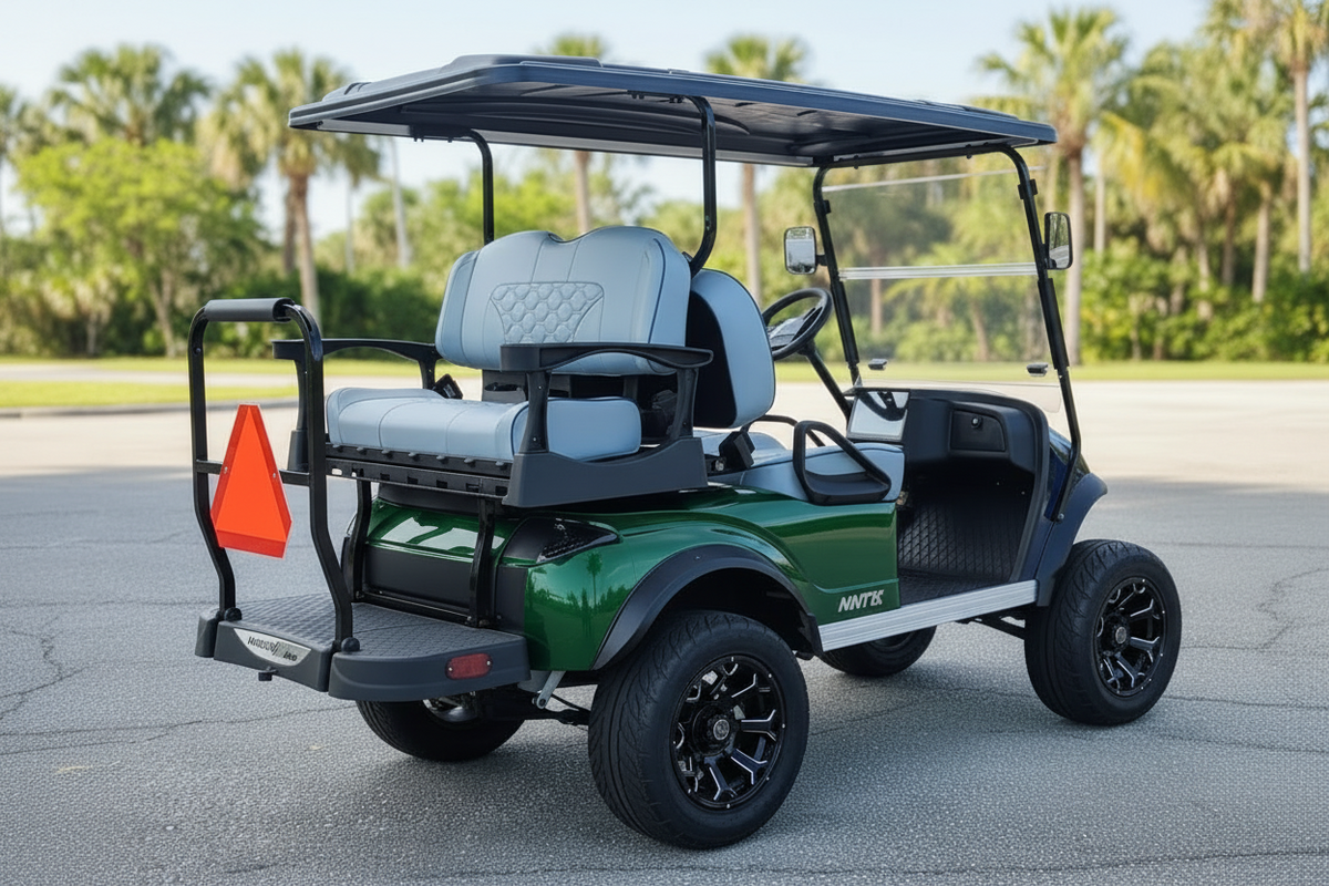Navitas Lifted Aluminum Chassis Forest Green with white seats passenger rear angle
