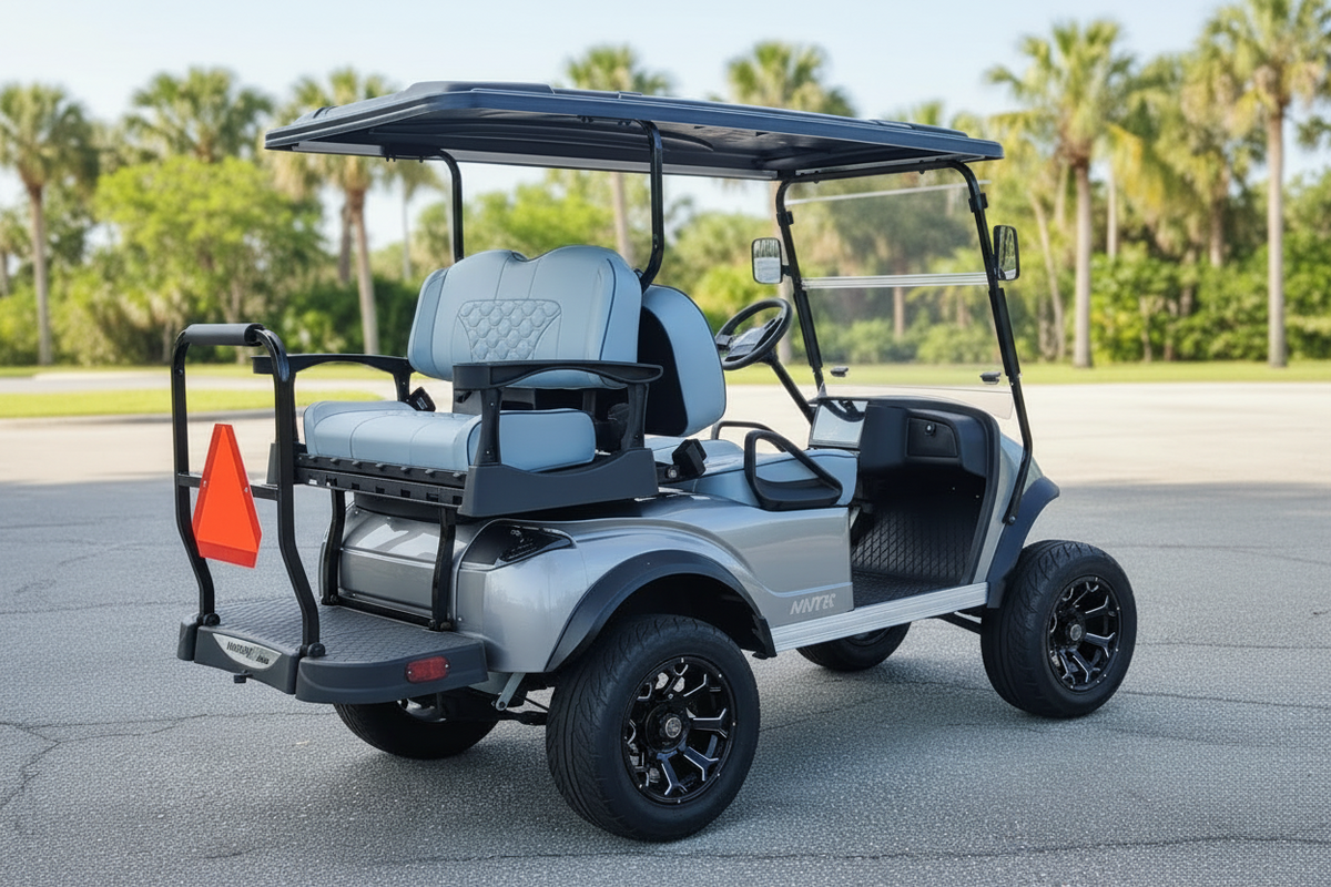 Navitas Lifted Aluminum Chassis Silver Metallic with white seats passenger rear angle